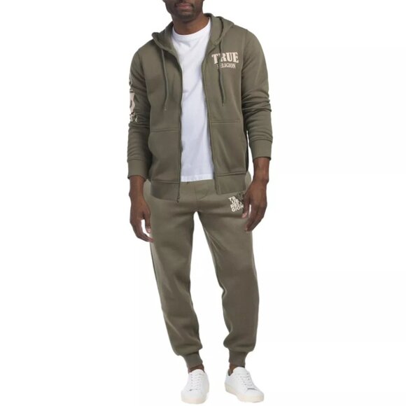 True Religion Men's Fleece Sweatsuit Hoodie Joggers Tracksuit Olive Green NWT - Picture 1 of 5